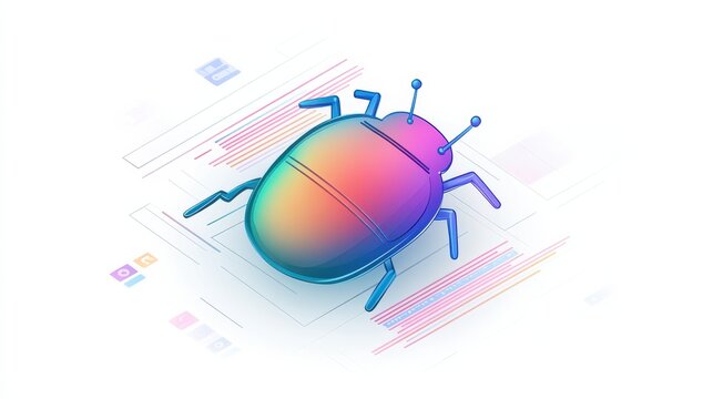 cybersecurity  hacking  response Colorful digital bug illustration on a tech background, representing software issues or debugging.