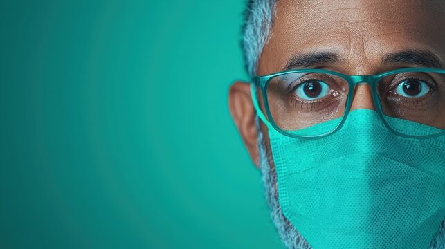 Close up of a man wearing a teal face mask, Serious man in glasses and protective mask.