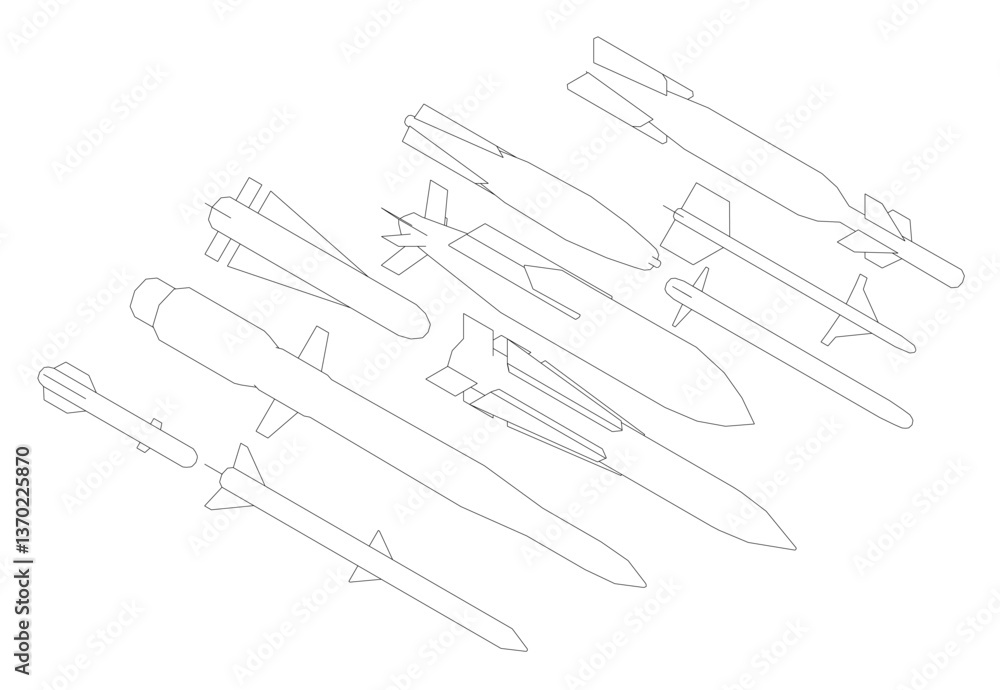 Poster a series of rockets are lined up in a row. the rockets are all different sizes and shapes. isometric