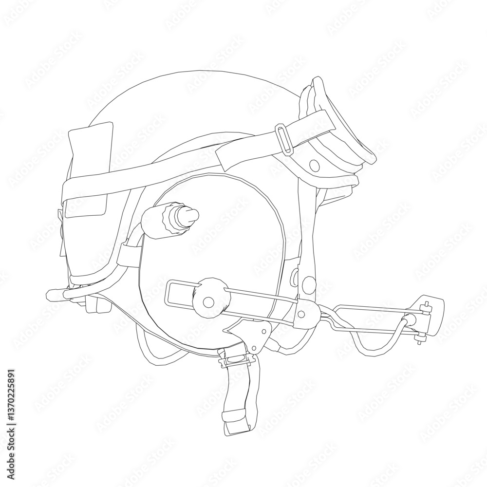 Poster a helmet with a microphone on it. the helmet is black and white. the helmet is designed for use in a