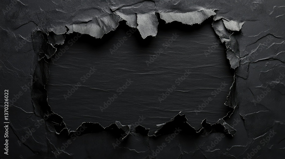 Poster textured black background with torn edges and crumpled paper effect for creative design projects and