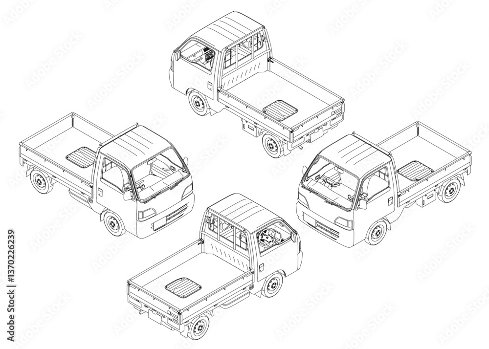 Poster four same trucks are shown in a grid. the trucks are all the same size and shape, but they are diffe