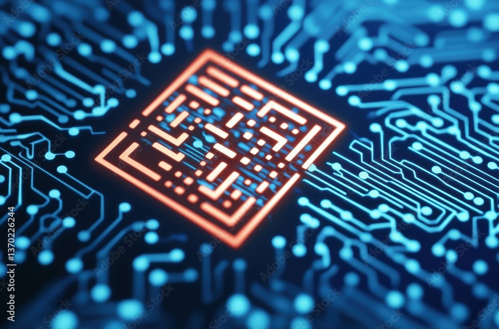 Poster futuristic digital circuit design with qr code and blue lights