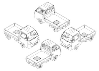 Four same trucks are shown in a grid. The trucks are all the same size and shape, but they are different views. The trucks are all parked next to each other. Isometric view. 3D © German Ovchinnikov