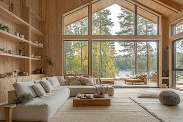 A cozy modern living room with large windows showcasing a view