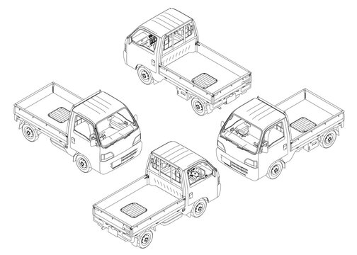Four same trucks are shown in a grid. The trucks are all the same size and shape, but they are different views. The trucks are all parked next to each other. Isometric view. 3D