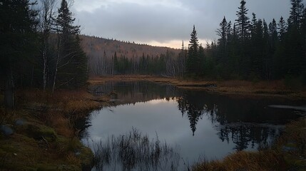 Fototapeta premium Serene twilight landscape Still lake reflecting tranquil forest, autumnal hues.
