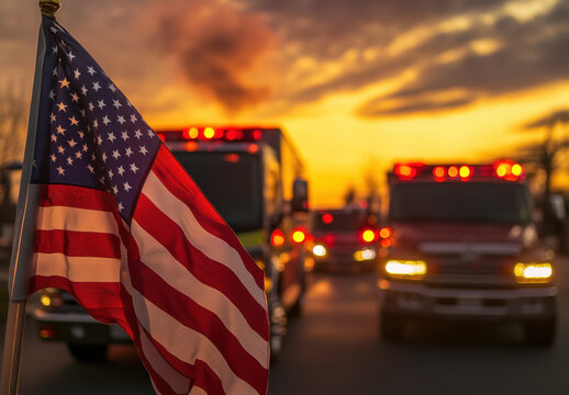 An American flag stands proudly as emergency vehicles light up the scene at sunset. First responders are engaged in a vital operation in a city environment
