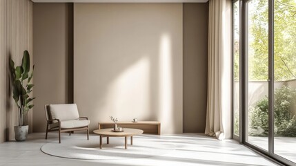 Beige minimalist living room with patio view, suitable for interior design