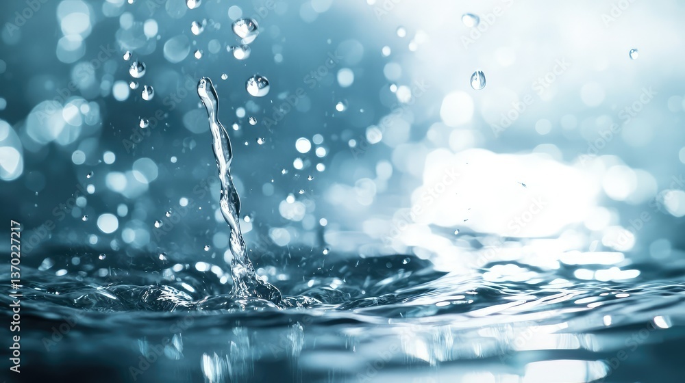 Poster close-up of water splashing in soft focus with clear droplets and light reflections creating a seren
