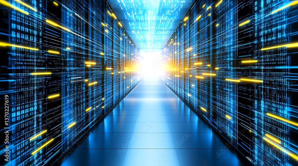 Poster data processing action in a high-tech server room digital environment futuristic viewpoint