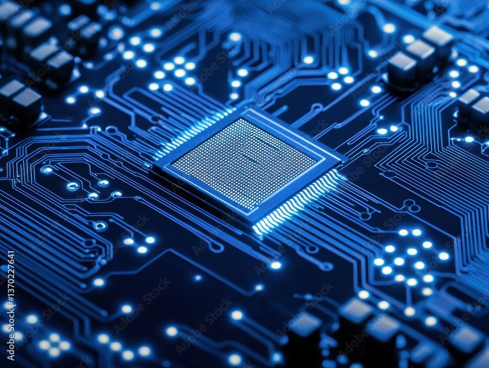 Poster close-up view of circuit board with microchip in neon blue glow