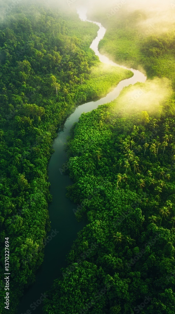 Poster serene river in lush forest: a tranquil river winds its way through a verdant forest, its waters ref