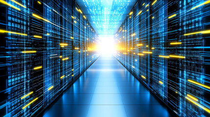 Data processing action in a high-tech server room digital environment futuristic viewpoint
