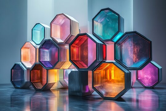 Colorful Geometric Shapes Stacked and Interconnected on Display