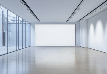 A large, blank white wall in an empty, modern art gallery