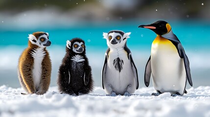 Obraz premium Lemurs Penguins Beach Scene