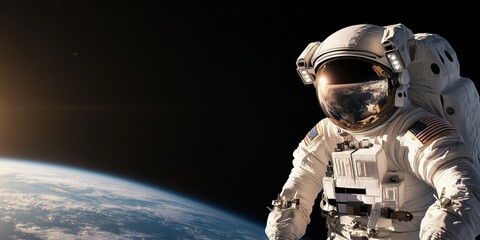 Astronaut in spacesuit poses against the backdrop of Earth in the vastness of space during the early hours