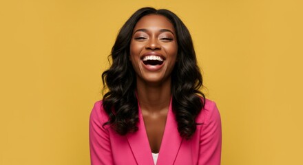 Joyful Black Woman in Pink Blazer