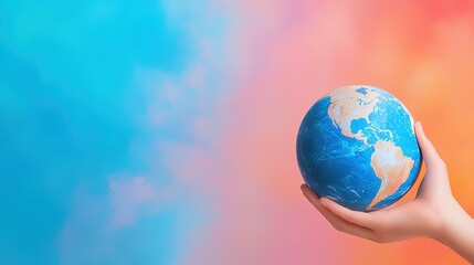A hand holds a detailed globe against a colorful background, symbolizing global awareness and interconnectedness.