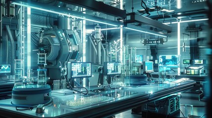 Futuristic high-tech research laboratory interior featuring glowing test tubes, advanced computer displays, and sophisticated scie