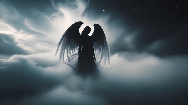 Mysterious dark angel artwork featuring a gothic fantasy silhouette, ethereal black wings, bound hands, swirling smoke, photorealistic textures, dramatic lighting, hyperrealistic concept art