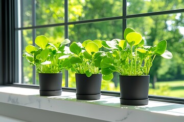 Sunlit plants on windowsill.