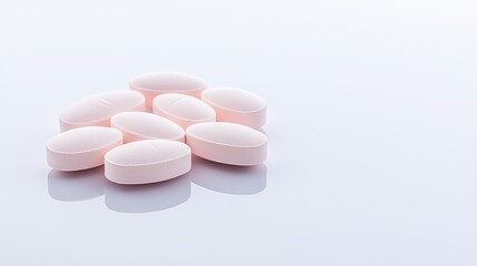 A cluster of pink, oval-shaped tablets resting on a reflective surface, symbolizing health and wellness.