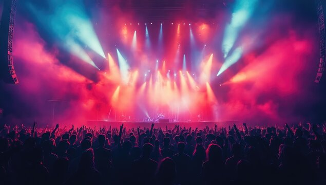 Energetic Crowd Silhouetted at a Concert with Vibrant Blue and Red Stage Lights in a Hazy Atmosphere