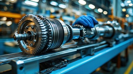 Fototapeta premium Precisely assembled mechanical components on a conveyor belt in a factory