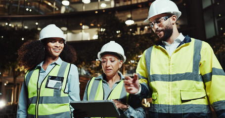 People, engineer and tablet with group in city for planning, review and happy with blueprint for project at night. Women, man and architect with touchscreen, app and building inspection in urban town
