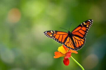 Fototapeta premium Monarch rests on a colorful flower, soft green background. Detail focus