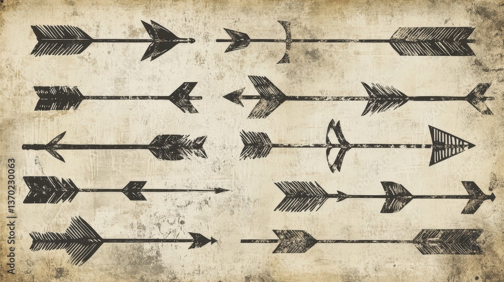Poster a collection of hand-drawn arrows in various artistic styles, overlapping on a textured background