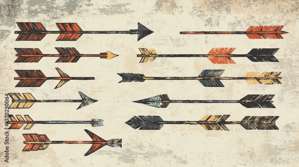 Aufkleber a collection of hand-drawn arrows in various artistic styles, overlapping on a textured background