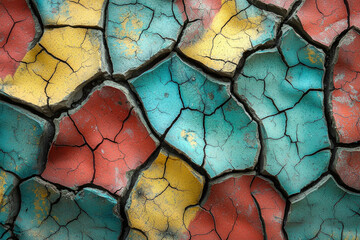 Cracked, painted earth showing vibrant red, yellow, and teal hues. A textured abstract background.