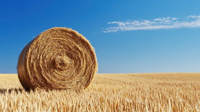 Minimalist portrayal of a hay bale in a golden wheat field under a clear blue sky