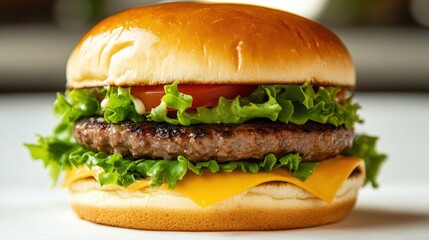 Juicy burger layers: crisp lettuce, ripe tomato, and melted cheese. Delicious details in this close-up shot