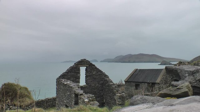 Ruins with the Blasket Islands in the background, Dingle Peninsula , Slae Head drive, County Kerry, Ireland