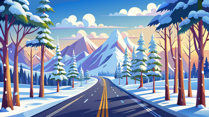Scenic winter road flanked by snow covered trees