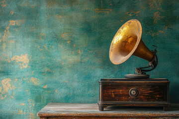 Antique gramophone with golden horn sits on a rustic wooden table against a teal textured wall.