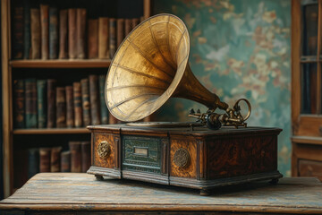 Antique gramophone with large brass horn sits on wooden table near bookcase, exuding vintage charm.