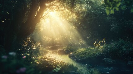 Obraz premium Sunlight Streaming Through Forest Canopy Illuminating Stream and Lush Greenery