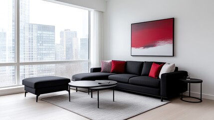 Modern city living room with a stunning view.  A comfortable sectional sofa, sleek black accent pieces, and a large abstract painting create a sophisticated and contemporary space
