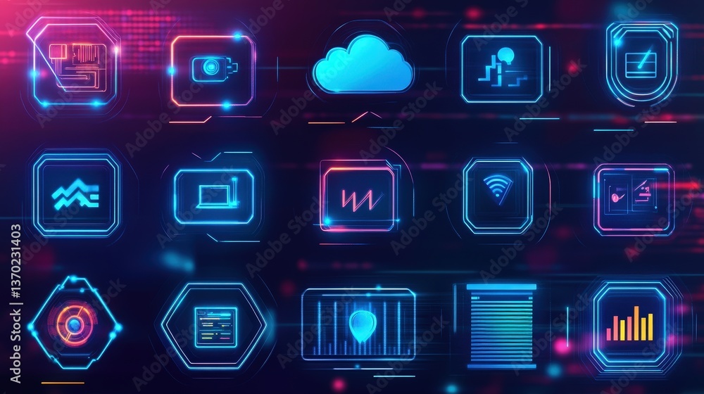 Poster technology icons featuring cloud computing, artificial intelligence, and cybersecurity elements in a