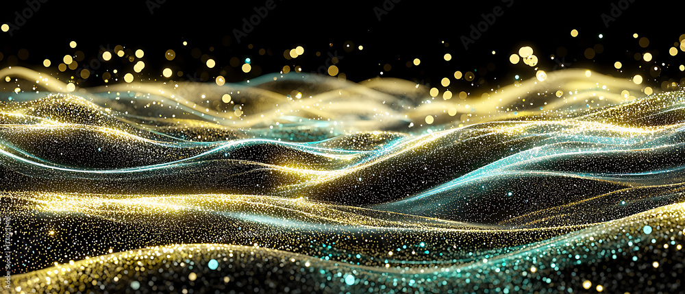 Aufkleber dynamic golden waves abstract visual art digital creation nighttime high-contrast sparkling effects