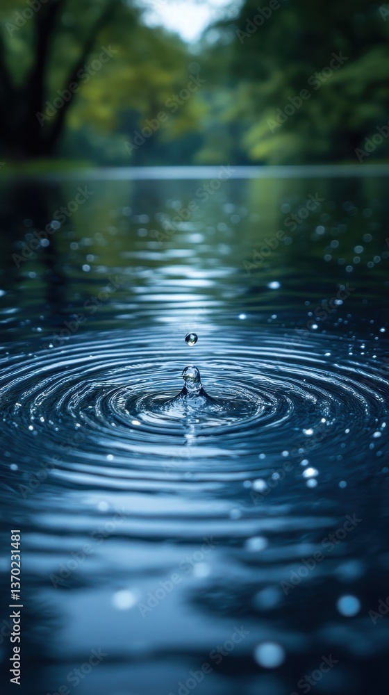Poster a splash of serenity: a solitary droplet disrupts the mirror-like surface of a tranquil lake, creati