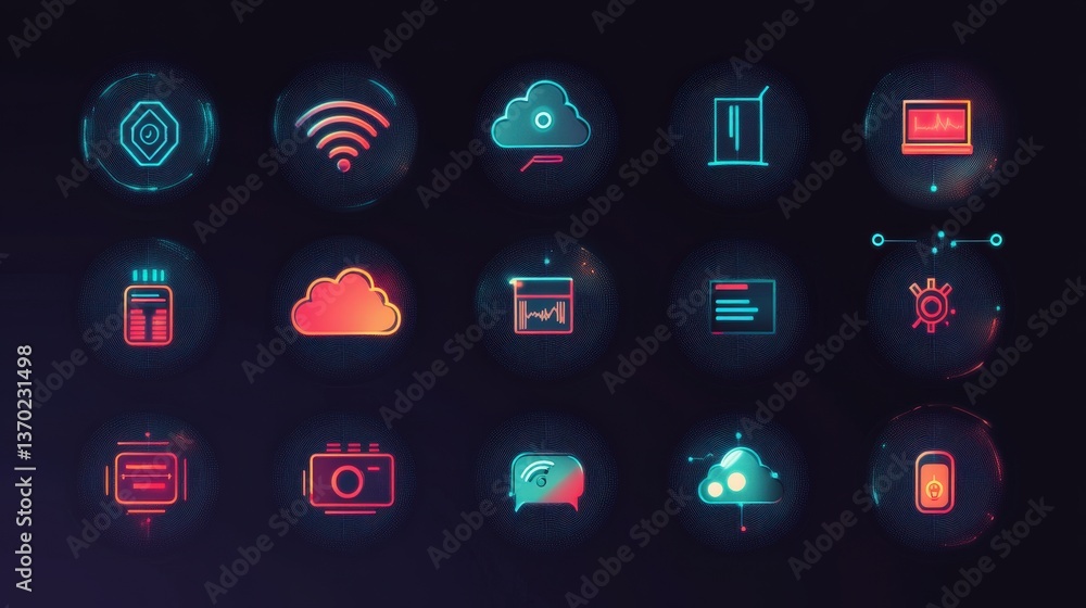 Poster technology icons featuring cloud computing, artificial intelligence, and cybersecurity elements in a