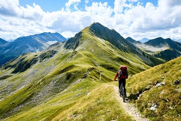 Fototapeta premium Mountain biker soars through a grassy alpine ridge under sunny skies