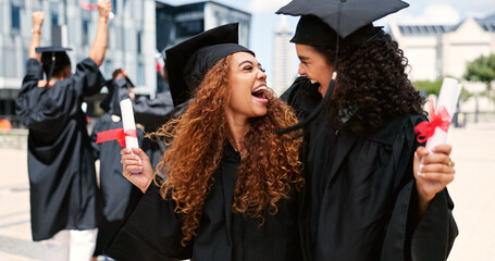 Graduation, happy women or students hug at university for education goals, certificate or success....