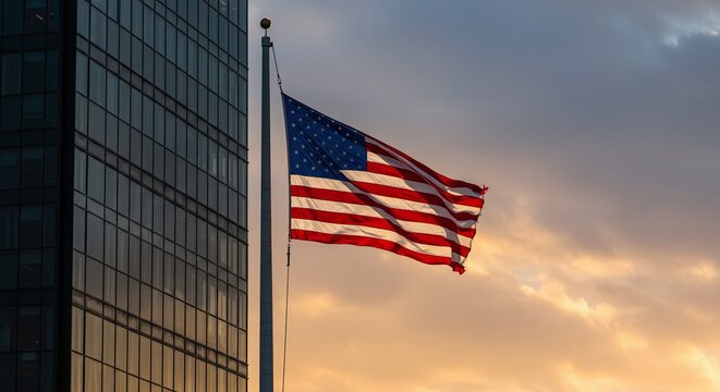 American Flag at Sunset: A Majestic Urban Scene